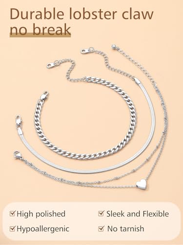 Image of FindChic Black /Silver /Gold Plated Anklets Set of 2PCS /3PCS Herringbone Chain Cuban Link Heart Charm Sparkling Tennis Ankle Bracelets, Waterproof Summer Foot Jewelry for Beach