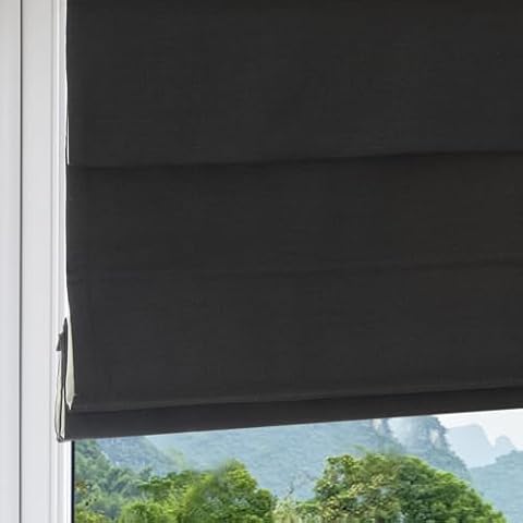 Cordless Roman Shades, Blackout Light Filtering Black Washable Roman Shades,Roman Window Shades with 6" H Valance, Custom Fabric Roman Shades for Windows, Kitchen, French Doors Cover