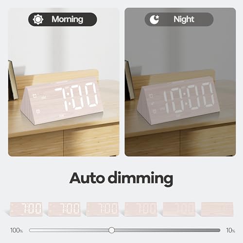Image of Digital Alarm Clock, with Wooden Electronic LED Time Display, 3 Alarm Settings, Humidity & Temperature Detect, Wood Made Electric Clocks for Bedroom, Bedside, Desk (White-Big Bold)