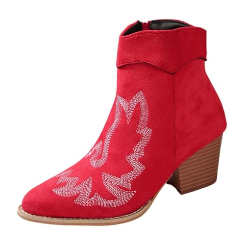 Generisch 2025 Botas de mujer de pantorrilla media retro de tacón grueso botines con cremallera casuales de moda zapatos de invierno cómodos zapatos de mujer sandalias de cuña, rojo, 41 EU