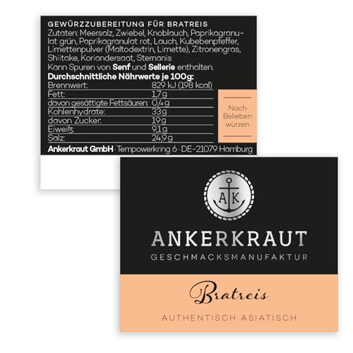 Ankerkraut Bratreis, Gewürzzubereitung für Reis, mit Zwiebel, Knoblauch und Zitronengras, Instant Reis, 95 g im Korkenglas