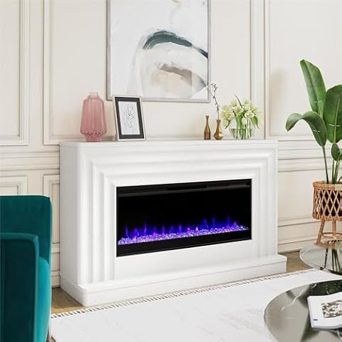CosmoLiving by Cosmopolitan Rene 42 Inch Electric Mantel for TVs up to 65", Replaceable Fireplace Insert Heater, Freestanding, Remote Control, 7-Color Flame and Crystal Ember Bed, White Cover