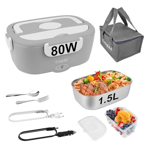 ErayLife Fiambrera Eléctrica 65W, Fiambrera Eléctrica Acero Inoxidable 3 en 1 220V/ 24V/ 12V, Calentador de Comida Portátil Desmontable a...