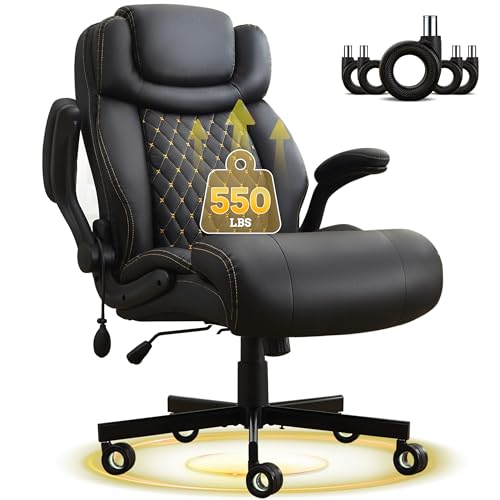 550LBS Big and Tall Office Chair, Comfy Heavy Duty Executive Chair with Adjustable Lumbar Support Double Spaces Casters, Extra Wide Seat Ergonomic Computer Desk Chair for Back Pain, Black PU