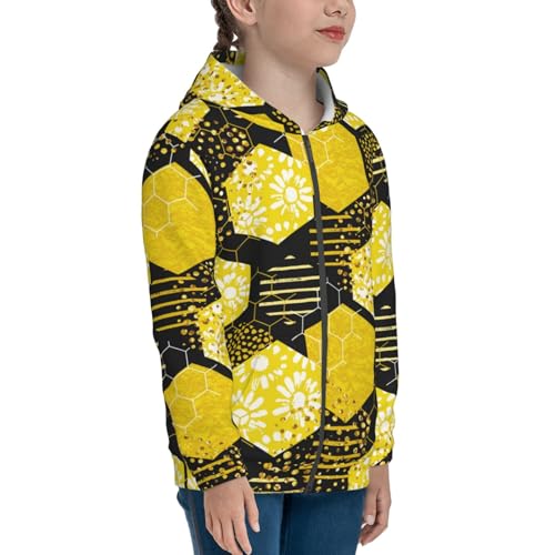 Geometric Pattern with Bee Kid Hoodies Boys Zip Up Sweatshirts Girls Pullover with Pocket4
