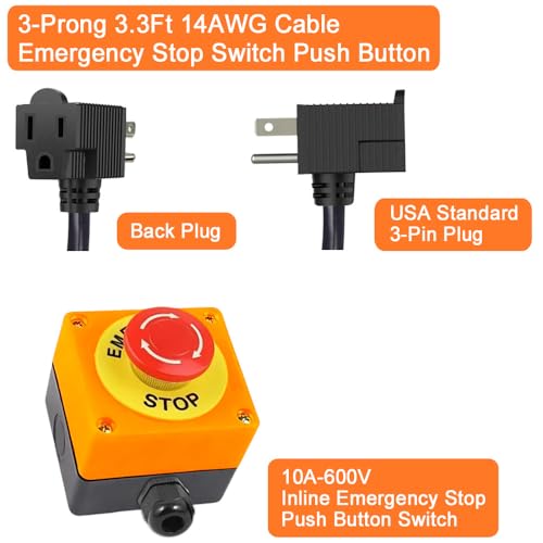 Emergency Stop Push Button Switch with 3.3-ft 14AWG Cable & Piggyback Plug, IP67 Waterproof Extension Cord with Inline Power Emergency Button Switch, AC/DC 10A-125V by GragicSZ - Image 3
