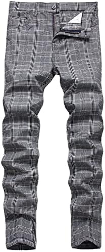 Keevoom Plaid Pants for Men, Mens Stretch Skinny Flat-Front Casual Slim Fit Business Dress Chinos Pants(T4,34) Grey
