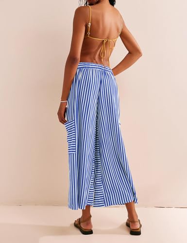 Women's Wide Leg Lounge Pants Striped Mid Waisted Drawstring Beach Pants Capri Pants Trousers with Pockets2