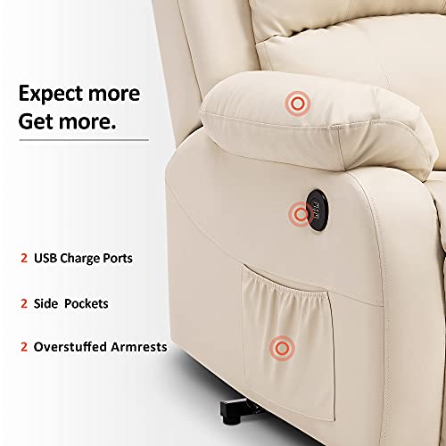 Mcombo Small Sized Electric Power Lift Recliner Chair Sofa With Massage And Heat For Small Elderly People Petite, 3 Positions, 2 Side Pockets, Usb Ports, Faux Leather 7409 (Small, Cream White) #TOP4