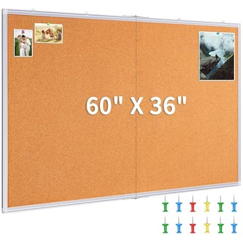 Large Cork Board 60 x 36 in, Maxtek Cork Board for Walls, Silver Aluminum Framed Pin Board, 5'x 3' Foldable Memo Board, Wall Mounted Bulletin Board for Office, School & Home with 12 Push Pins Cover
