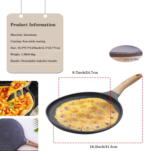 Unoschrim Crepe Pan 9.5-Inch, Pancake Pan, Nonstick Frying Pan with Detachable Handle, Granite Coating Flat Pancake Pan, Perfect for Corn Pancake, Omelette, Steak, and more, All Stove Compatible