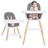 Baby High Chair, 3-in-1 Convertible Wooden High Chair with Adjustable Legs & Double Dishwasher Safe