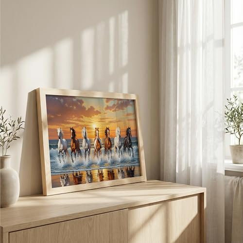 Image of Suneree 7 Horse Vastu Wall Painting - Running Horses Sunset Beach Landscape Framed Wall Art for Living Room & Office Decor (Natural, Design 10, 13x19 Inch)