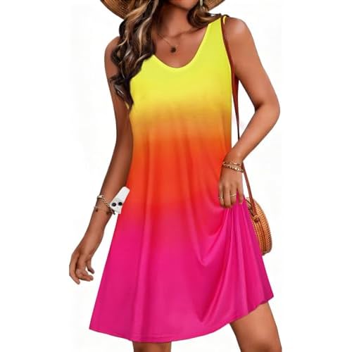 CHICGAL Womens Summer Dresses Casual Sleeveless Loose T Shirt V Neck Sundress Swing Beach Cover Up with Pockets 2026 Small Yellow Rose Red