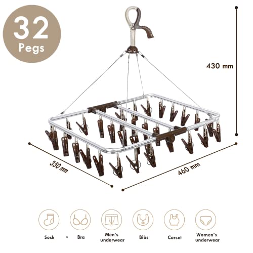 ANVINKU Aluminum 32 Pegs Folding Sock Drying Rack, Windproof Hook, Underwear & Baby Clothes Airer (Dark Brown) - Image 2