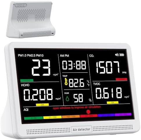 bonoch 16 in 1 Luftqualität Messgerät Luftmessgerät 9 AQI + 7 AQI Warnungen Air Quality Monitor für CO2, TVOC, PM2,5, PM1,0, PM10, HCHO, Temperatur Feuchtigkeit AQI & Uhrzeit Luftqualitätsmonitor