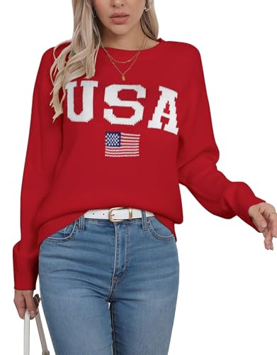 Image of Womens American Flag Sweater Crew Neck Casual Pullover Sweater