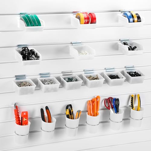 GlikCeil 18 Sets Slatwall Accessories Bins Cups with Hook Slatwall Wall Organizer Tool Holder Steel Cups Set Slat for Garage Craft Workshop Office Storage(White)