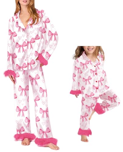 Mommy and Me Valentin's Day Feather Pajamas Set Heart Print Matching Valentin Pjs for Women Girls