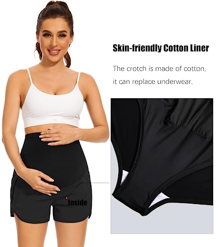 Image of PACBREEZE Women's Maternity Shorts Over Belly Quick Dry Workout Athletic Running Shorts with Zipper Pockets