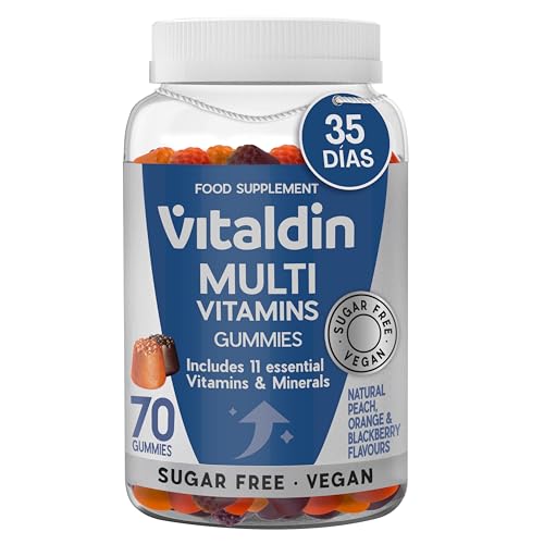 VITALDIN Gummies Multivitaminas para Adultos - Veganas - Sin Azúcar - Con Vitaminas A, C, D, E, B6, B12, Biotina- Complemento para Mujer y Hombre - 70 gominolas -Sabor Melocotón, Naranja y Mora