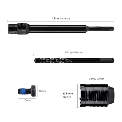 Miniatura 3 de Mollom 51mm 2 Kit De Sierra De Corona Para Hormigón Con Vástago De 220mm Sds Plus Y Brocas Piloto De Posicionamiento Con Punta Cruzada, Para Usar En Mampostería, Ladrillo, Cemento