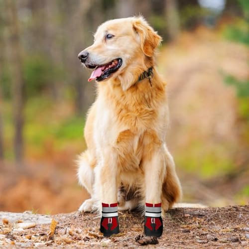 Muecleao Hundeschuhe Pfotenschutz, 4 Stück Wasserdicht Anti-Rutsch Hundestiefel mit Rutschfester Sohle und reflektierendem Klettverschluss, Schuhe für kleine, Mittlere und Große Hunde (Rot, XL)