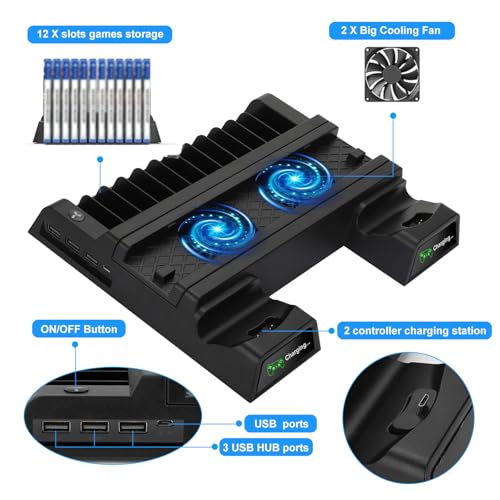 EEEKit Ventilador de refrigeración para PS4, Soporte Vertical con 2 Estaciones de Carga del Controlador y 12 Almacenamiento de Juegos Compatible con PlayStation PS4, PS4 Slim, PS4 Pro - imagen 3