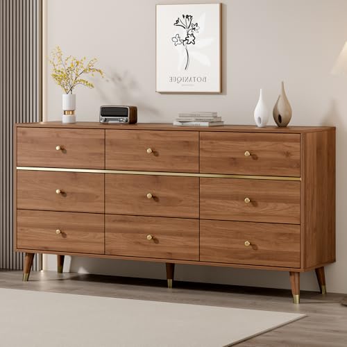 Chrangmay 9 Drawer Dresser,63" Wide Mid Century Modern Chest of Drawers,Wooden Bedroom Drawer Dresser with 9 Storage Drawers for Bedroom, Living Room,with Anti-Tipping Device,Walnuts Chrangmay 9 Drawer Dresser,63" Wide Mid Century Modern Chest of Drawers,Wooden Bedroom Drawer Dresser with 9 Storage Drawers for Bedroom, Living Room,with Anti-Tipping Device,Walnuts