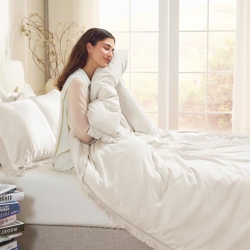 Image of Andency Twin Comforter Set Beige, 2 Pieces Boho Tassel Kids Comforter Sets for Boys Girls Teens, Soft All Season Bedding Comforter Set (66x90In Comforter & 1 Pillowcase)