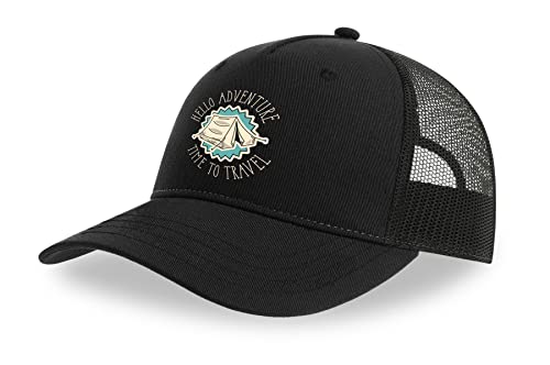 Casquette de camionneur Hello Adventure anti-chaleur en coton noir à visière incurvée