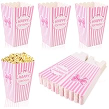 24pcs Pink Bow Popcorn Boxes, Small White & Pink Striped Popcorn Bag Happy Birthday Bucket Mini Candy Machine Bowl Holder Snack Bar Container Accessories for Movie Night Birthday Party Favor Supplies
