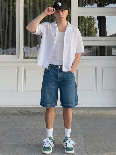 JMIERR Mens Baggy Shorts Jeans Wide Leg Vintage Carpenter Denim Shorts Loose Fit Summer Vacation Beach Casual Streetwear Cotton Lounge Shorts, Sail Blue, 34 — view 3