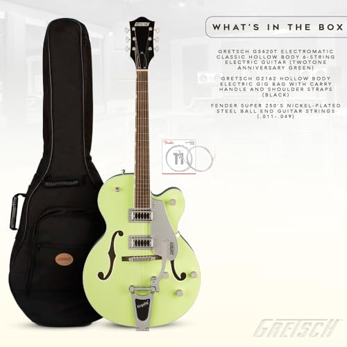 Gretsch G5420T Electromatic Classic Hollow Body Single Cut with Bigsby Two Tone Anniversary Green Electric Guitar Bundle with Gig Bag, and Nickel-Plated Steel Guitar Strings (3 Items)