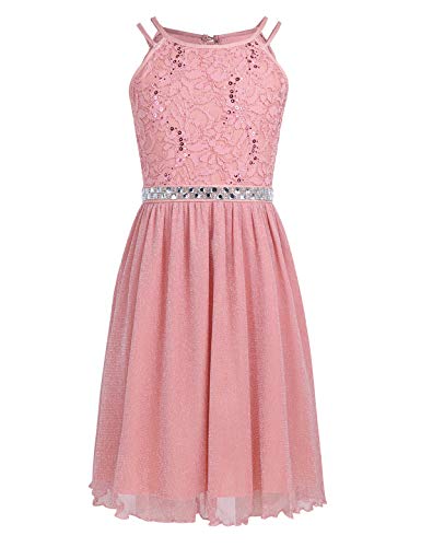 Aislor Kids Big Girls Sequin Rhinestone Belt Lace Floral Dress Princess Birthday Party Tutu Skirts2