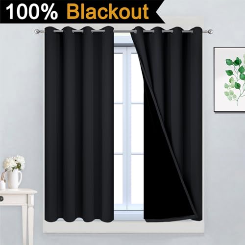 Image of Yakamok Black 100% Blackout Curtains 45 Inches Long for Bedroom 52 inch Wide | Blackout Curtain Panels for Bedroom, 2 Thick Layers Grommet Top Thermal Insulated Drapes with Black Liner for Living Room