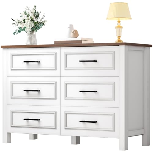 DWVO Farmhouse Wooden Dresser TV Stand with Power Outlet, 6-Drawer Dresser with Large Storage Drawers and Bar Handles, Ideal for Living Room, Hallway, 47.2" L x 15.7" W x 33.4" H - White & Walnut