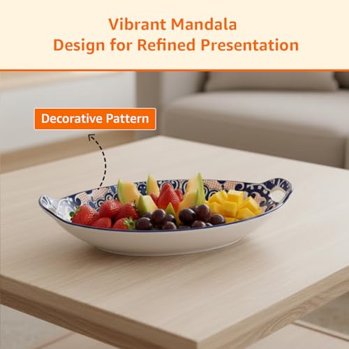 Image of Amazon Basics Ceramic Serving Platter with Handles | Blue Mandala Print Microwave & Dishwasher Safe Serveware | Ideal for Gifting, Serving Snacks, Appetizers, Salads, Starters & Noodles (10.8 Inch)
