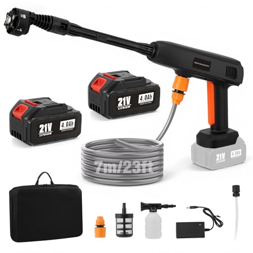 Limpiador de Alta Presión con Batería, 1000PSI (69bar), 336 L/h, Pistola Portátil con 2 Baterías de 4.0 Ah, Boquilla Giratoria Multifuncional 6 en 1, Manguera de 7M para Coche, Suelo, Terraza (DJ-680)
