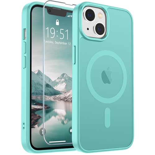 Image of SUPFINE Magnetic for iPhone 14 Case & iPhone 13 Case (Compatible with MagSafe)(Military Grade Drop Protection) Slim Translucent Matte Shockproof Phone Cover,Blue Green