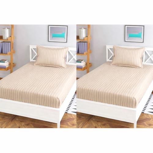 Image of DECOR2ADMIRE 300 Thread Count Premium Glace Cotton Plain Stripe Single Bedsheet with One Pillow Cover (60 inch x 90 inch) (Beige, Pack of 2)
