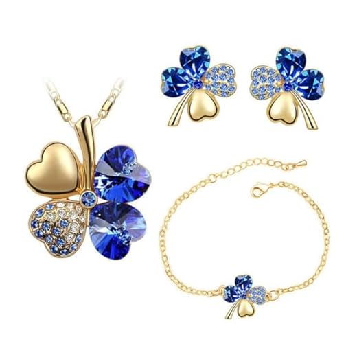 Auriselle Damen Schmuckset Glücklich Vierblättriges Kleeblatt Strassstein Ohrringe Halskette Armband 3 Stück Frauen Schmuck mit Cubic Zirkonia Hochzeit Geschenke für Ladies, Blau