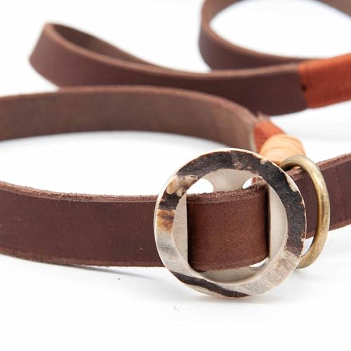 Retrieverleine Leder 20 mm in Braun | Burnt Amber | Moxon-Leine mit außergewöhnlichem Horn-Zugstopp | robuste und edle Hundeleine aus hochwertigem Fettleder mit integrierter Halsung - 230 cm