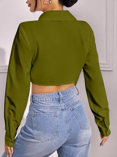 Image of GRECIILOOKS Women`s Oversized Fit Crop Top Shirt | Casual Long Sleev Stylish Collared Shirts for Womens | Comfortable Rich Korean Button Down | Formal Look Stylish Trendy Shirts