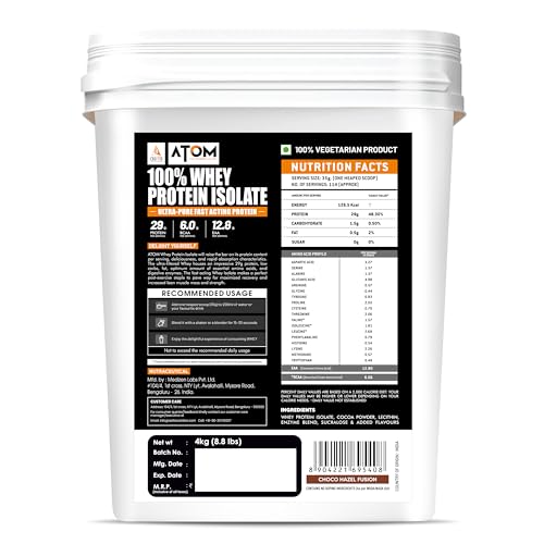 Image of Asitis Nutrition ATOM Whey Protein Isolate 4kg | 30g protein, 6.1g BCAA & 13g EAA | Ultra Pure-Fast acting Protein | Choco Hazel Fusion Flavor