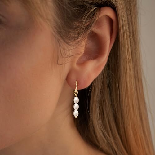MBW Gold Pearl Dangle Earrings for Women Trendy, Dainty 14K Gold Plated Hoop Earrings Cute Pearl Drop Simple Cubic Zirconia Hoops Hypoallergenic Waterproof Gold Jewelry Gifts for Women2