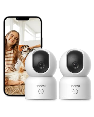 ZOSI 1080p Cámara de Vigilancia WiFi Interior para Bebé/Mascota, Detección y Seguimiento de Persona, Visión Nocturna, Audio Bidireccional, 2.4G/5G WiFi, 2pcs C518