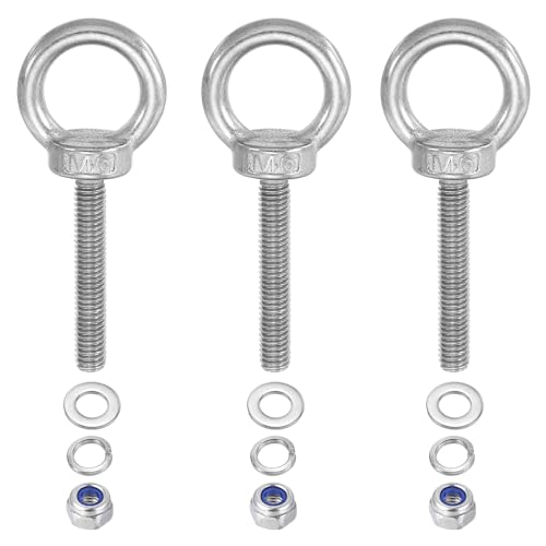 PATIKIL M6 x 40mm Lifting Shoulder Eye Bolt, 3Pcs 304 Stainless Steel Lifting Ring Threaded Eyebolt with Nuts Washers for Hanging Hammocks Articles