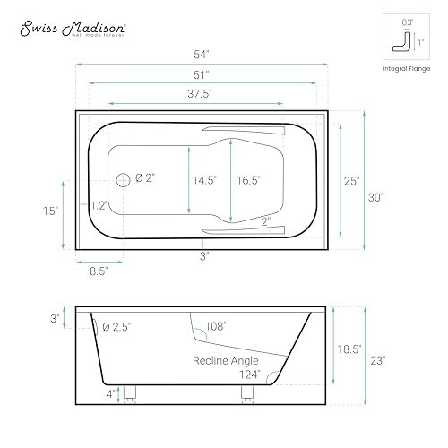 Image of Voltaire 54 x 30 Skirted Left Drain Soaking Alcove Bathtub in Glossy Black with Integrated Armrest