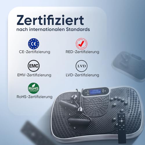 Vibrationsplatte - Fitnessgeräte für Zuhause - 99 Intensitätsstufen - 5 Trainingsprogramme - Massagegerät & Sportgerät mit Bluetooth für Home Workout - Mit Widerstandsbändern - WeightWorld